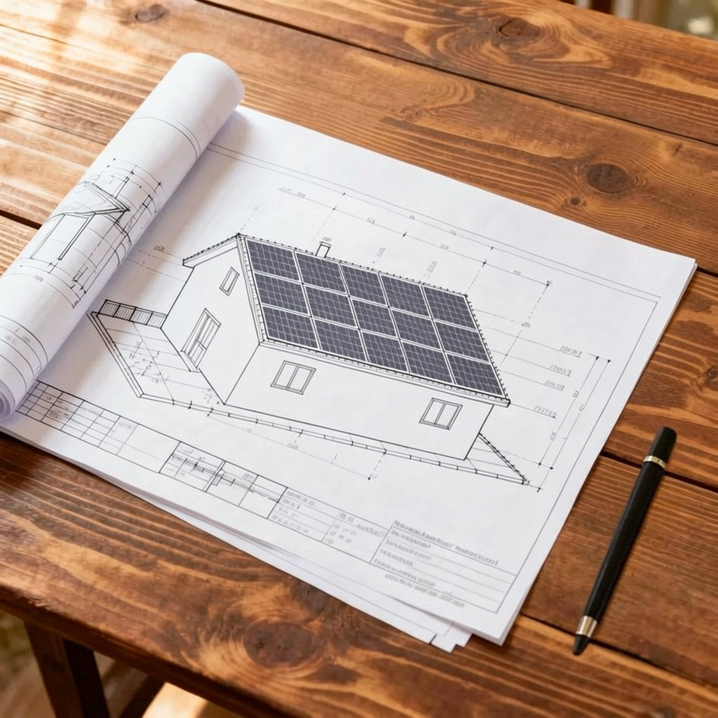 Solar-Installationsplan auf einem Tisch
